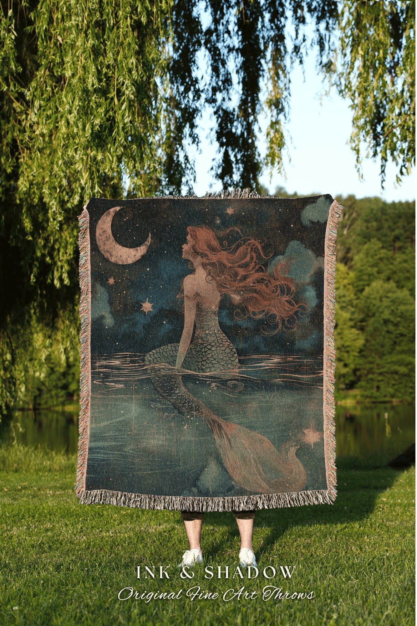 Luna Mermaid Room Decor | Mermaid Aesthetic Bedroom Celestial Witch Tapestry Fairycore Decor Art Nouveau Blanket Fairy Decor Dark Academia