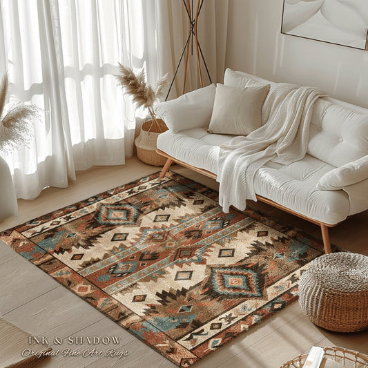 Geometric Area Rug Boho | Indie Aesthetic Living Room  Home Decor Rustic Housewarming Gift Cottagecore Earthy Bedroom Aztec Mat