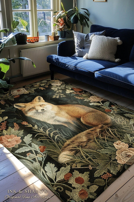 Forest Fox Botanical Floor Mat | Fairycore Room Decor William Morris Inspired Rug Woodland Boho Bedroom Rug Ethereal Decoration Cottagecore