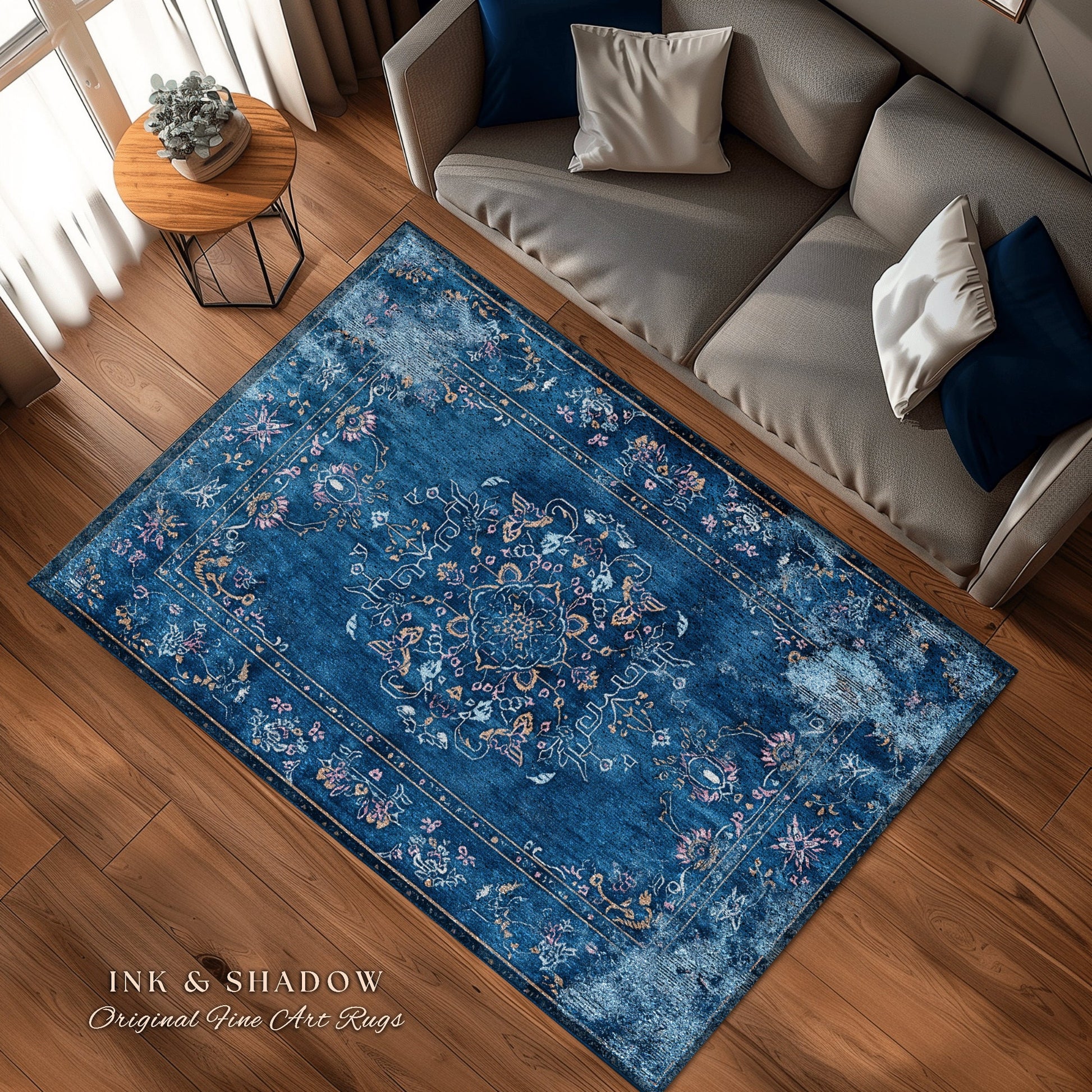 Navy Blue Elegant Aesthetic Rug | Modern Living Room Indigo Home Decor Elegant Aesthetic Dark Cottagecore Royal Blue Bedroom Boho Floor Mat