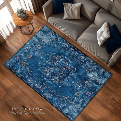 Navy Blue Elegant Aesthetic Rug | Modern Living Room Indigo Home Decor Elegant Aesthetic Dark Cottagecore Royal Blue Bedroom Boho Floor Mat