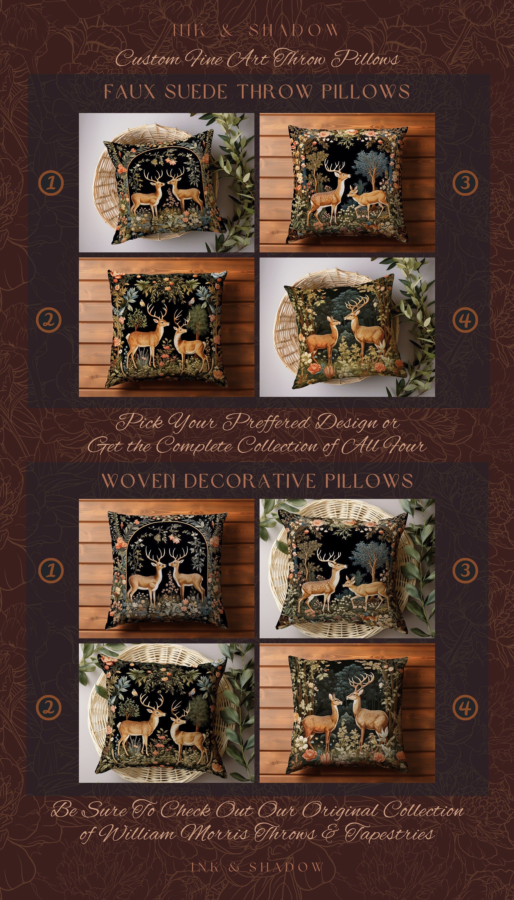 Medieval Deer Woven Pillow | Folklore Aesthetic Couch Cushion Woven William Morris Decor Dark Fairycore Gothic Botanical Woodland Deer