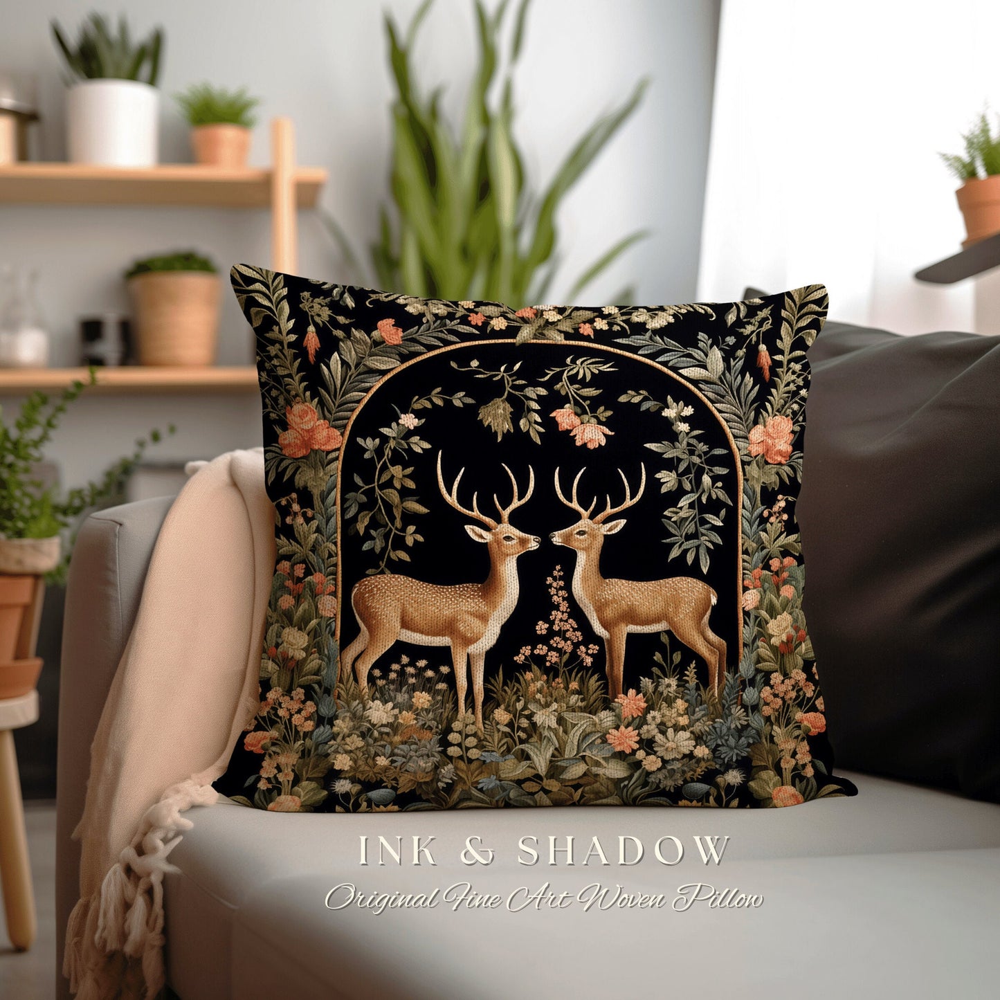 Medieval Deer Woven Pillow | Folklore Aesthetic Couch Cushion Woven William Morris Decor Dark Fairycore Gothic Botanical Woodland Deer