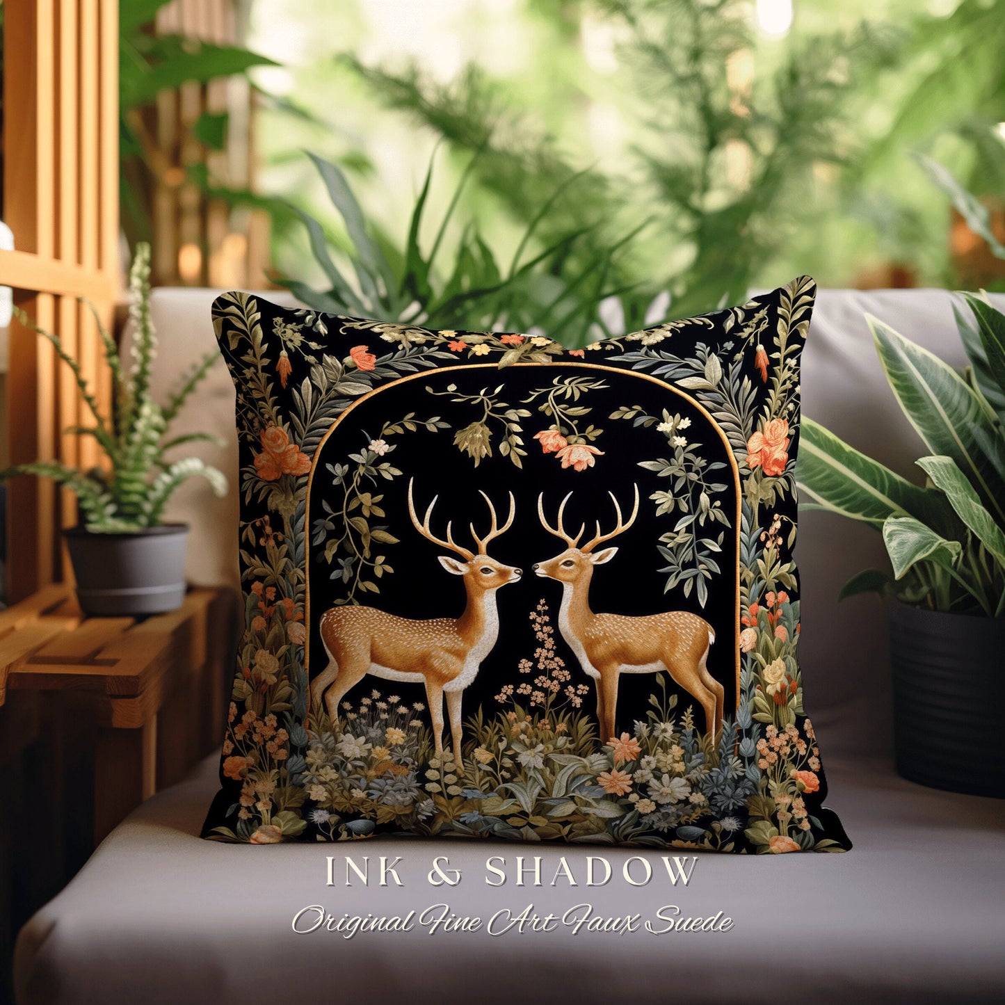 Medieval Deer Woven Pillow | Folklore Aesthetic Couch Cushion Woven William Morris Decor Dark Fairycore Gothic Botanical Woodland Deer