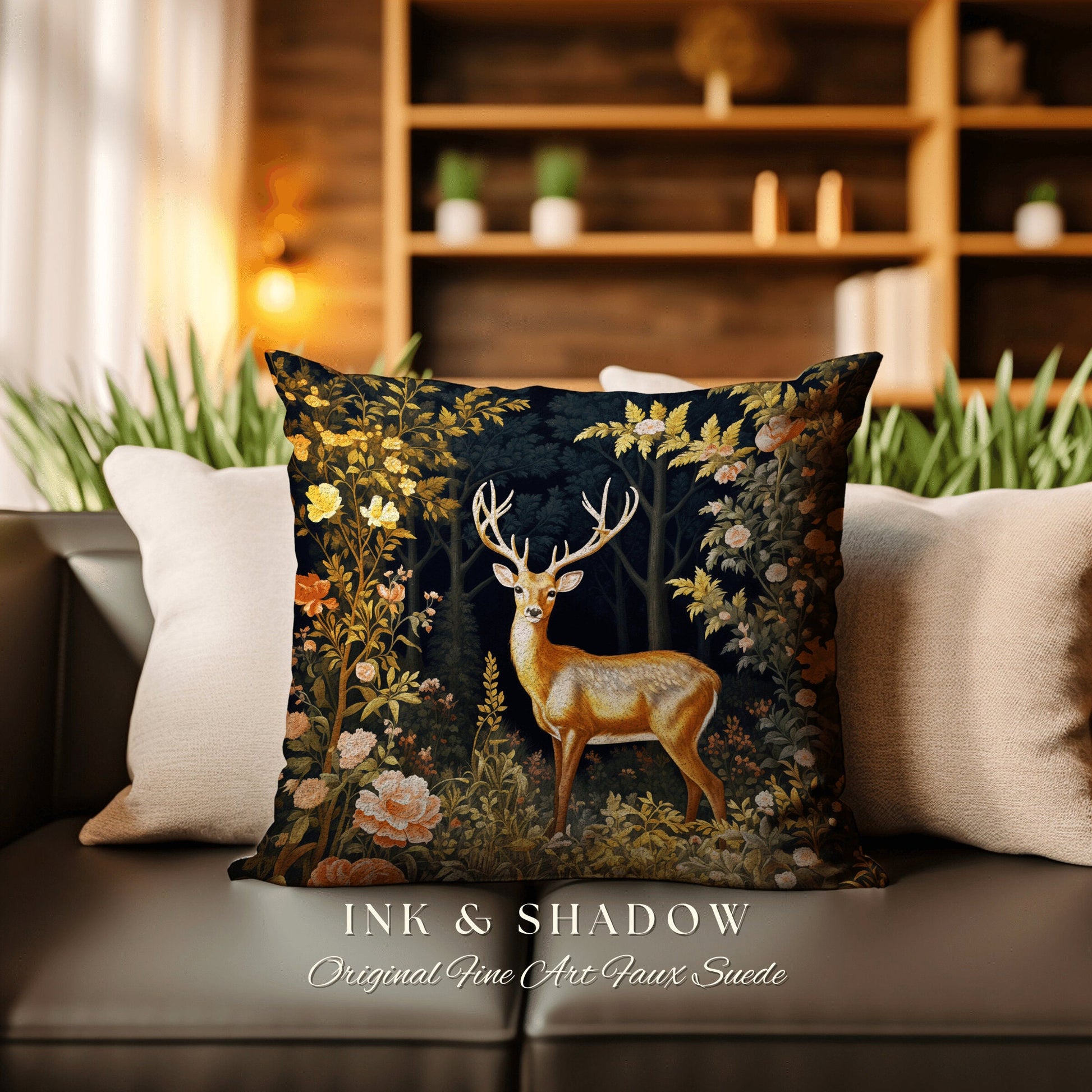 Woodland Floral Deer Pillow | Folklore Aesthetic Couch Cushion Woven William Morris Decor Dark Fairycore Gothic Botanical Woodland Spirit |