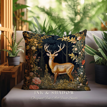 Woodland Floral Deer Pillow | Folklore Aesthetic Couch Cushion Woven William Morris Decor Dark Fairycore Gothic Botanical Woodland Spirit |