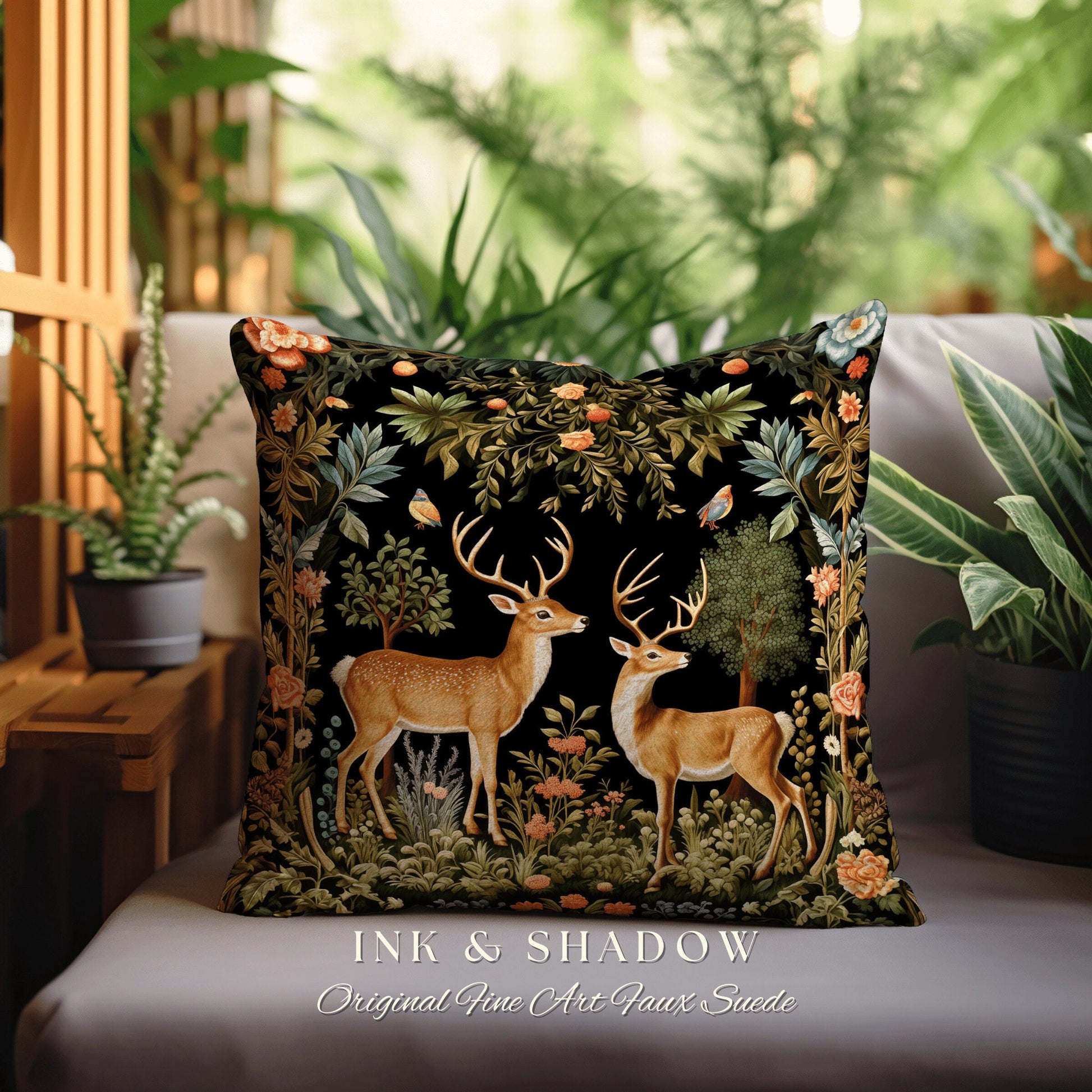 Mystic Woods Folklore Pillow | Folk Art Aesthetic Couch Cushion Woven William Morris Decor Dark Fairycore Gothic Botanical Woodland Spirit |