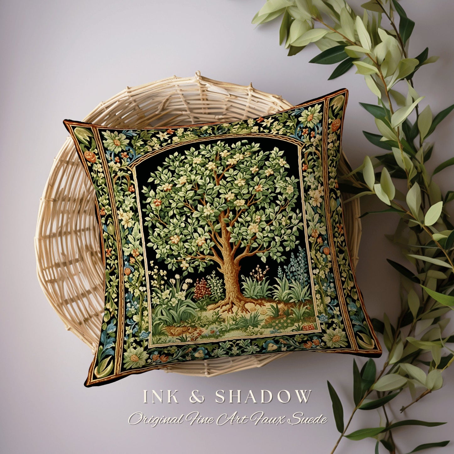 Maximalist Aesthetic Natrure Pillow | William Morris Inspired Tree Of Life Cushion Woven Medieval Aesthetic Pastel Botanical Renaissance