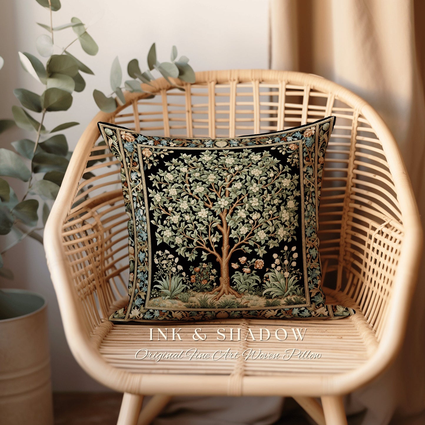 Folk Art Tree Pillow Victorian | William Morris Inspired Accent Pillow Cushion Woven Medieval Aesthetic Pastel Botanical Renaissance Decor