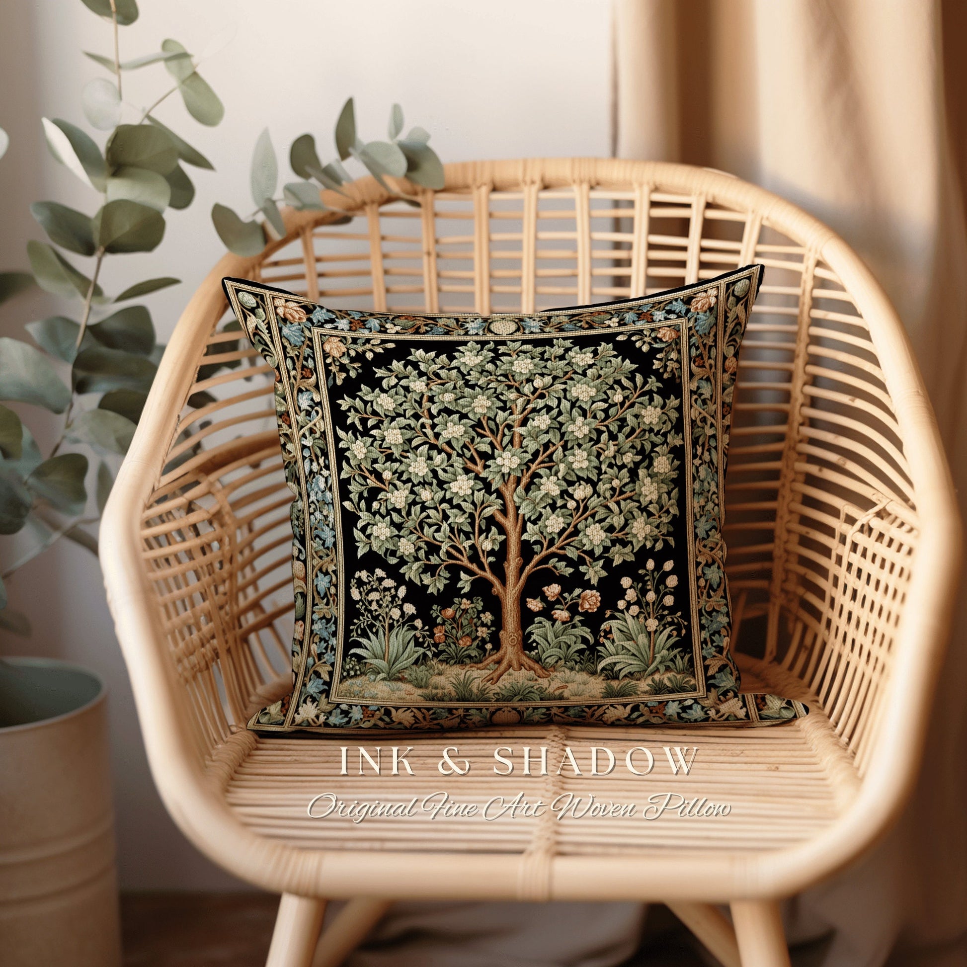 Folk Art Tree Pillow Victorian | William Morris Inspired Accent Pillow Cushion Woven Medieval Aesthetic Pastel Botanical Renaissance Decor