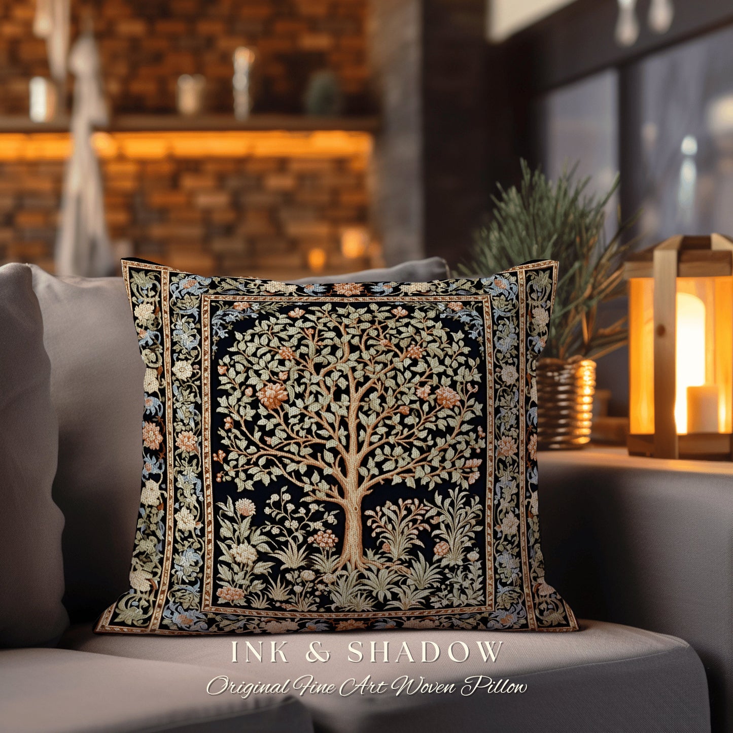 Tree of Life Pillow Ornate | William Morris Inspired Accent Pillow Cushion Woven Medieval Aesthetic Pastel Danish Renaissance Room Decor |