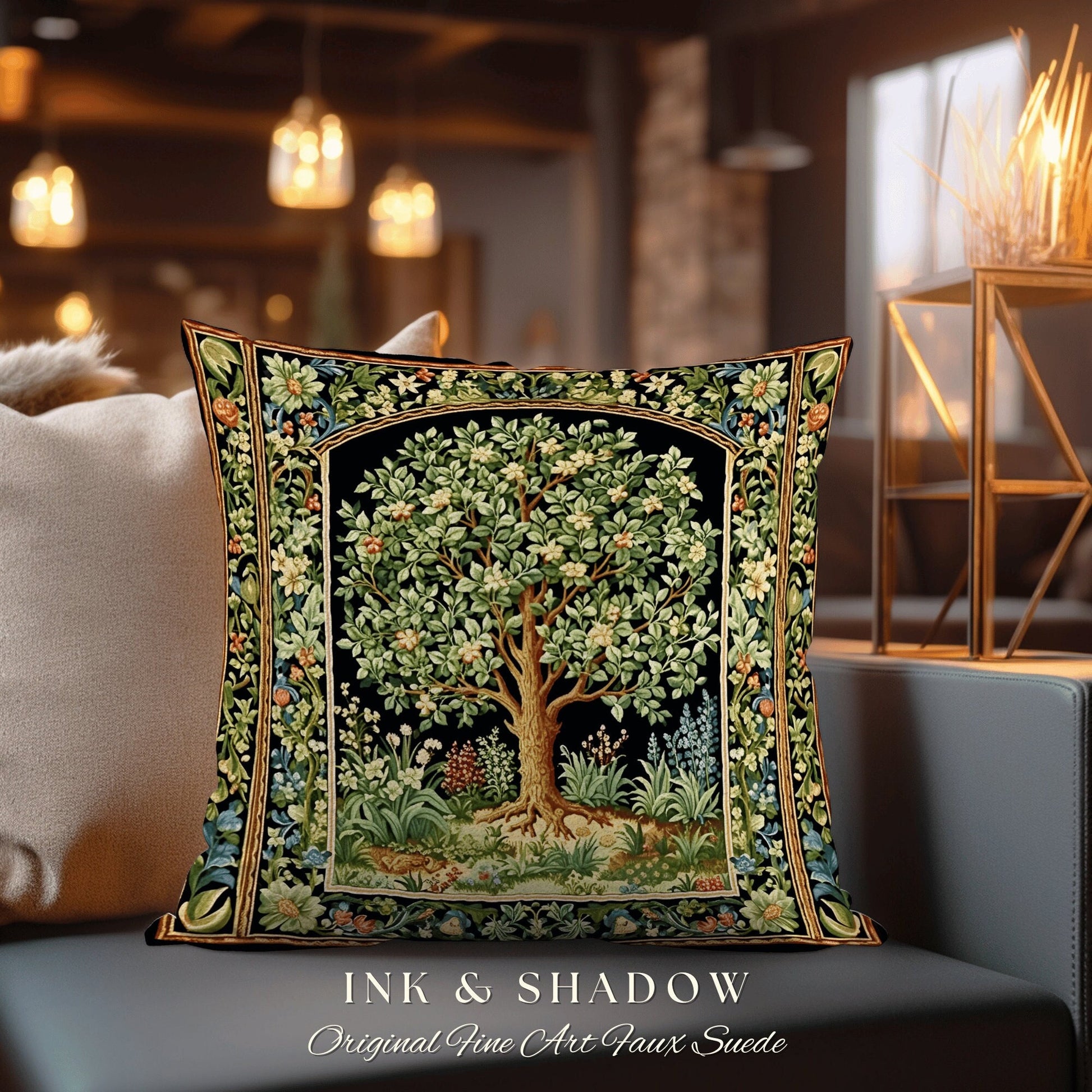 Maximalist Aesthetic Natrure Pillow | William Morris Inspired Tree Of Life Cushion Woven Medieval Aesthetic Pastel Botanical Renaissance