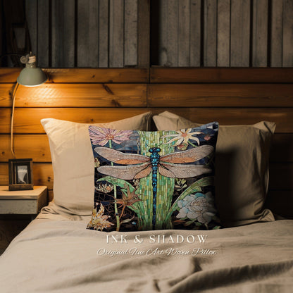 Fairycore Dragonfly Throw Pillow | Dragon Fly Woven Cushion Woodland Forest Gift for Her Stained Glass Aesthetic Botanical Gothic Room Decor