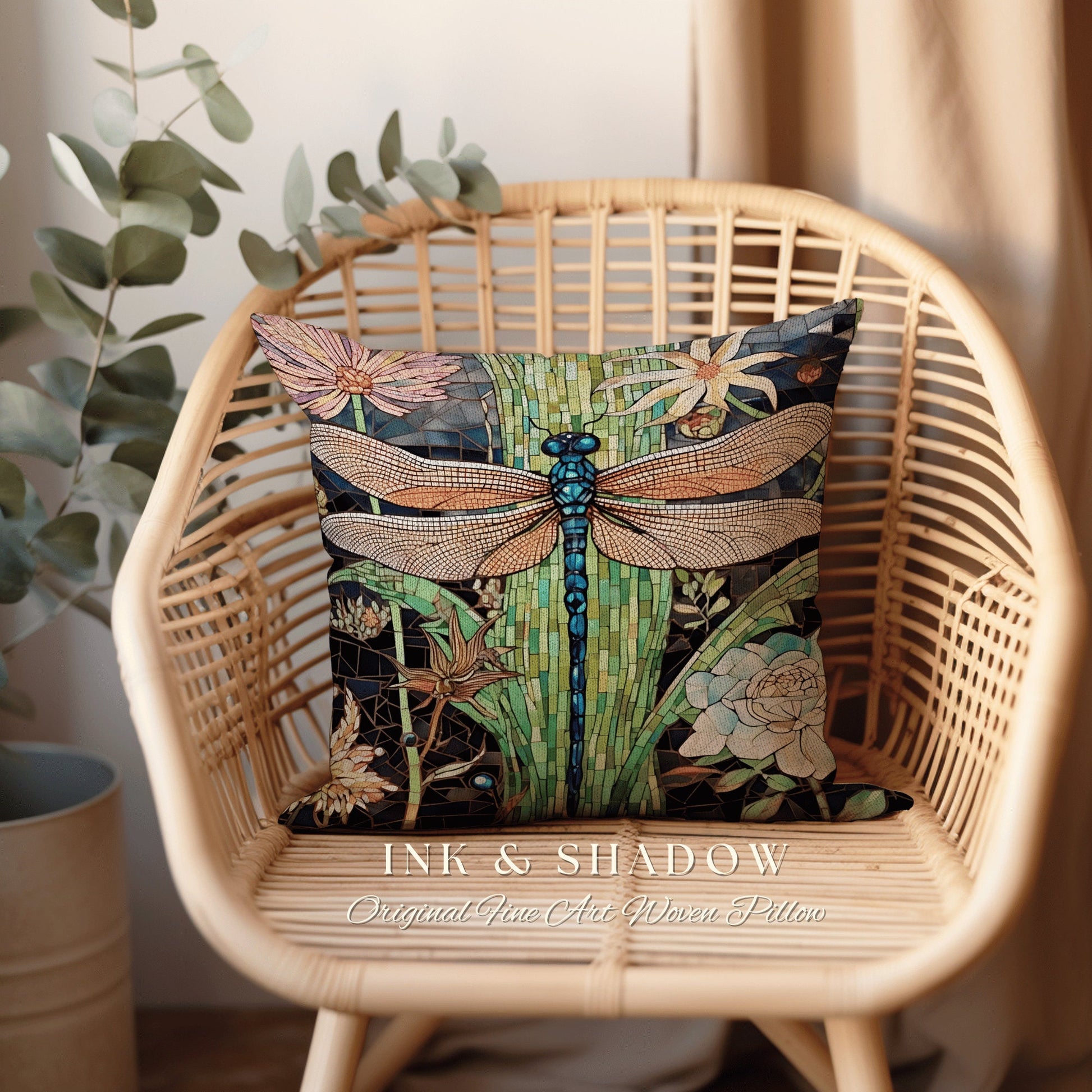 Fairycore Dragonfly Throw Pillow | Dragon Fly Woven Cushion Woodland Forest Gift for Her Stained Glass Aesthetic Botanical Gothic Room Decor