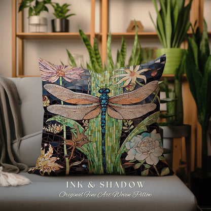 Fairycore Dragonfly Throw Pillow | Dragon Fly Woven Cushion Woodland Forest Gift for Her Stained Glass Aesthetic Botanical Gothic Room Decor