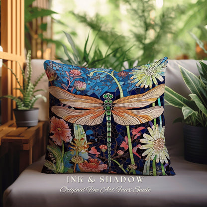 Whimsical Dragon Fly Accent Pillow | Dragonfly Cushion Woodland Forest Gift for Her Stained Glass Aesthetic Botanical Gothic Room Decor