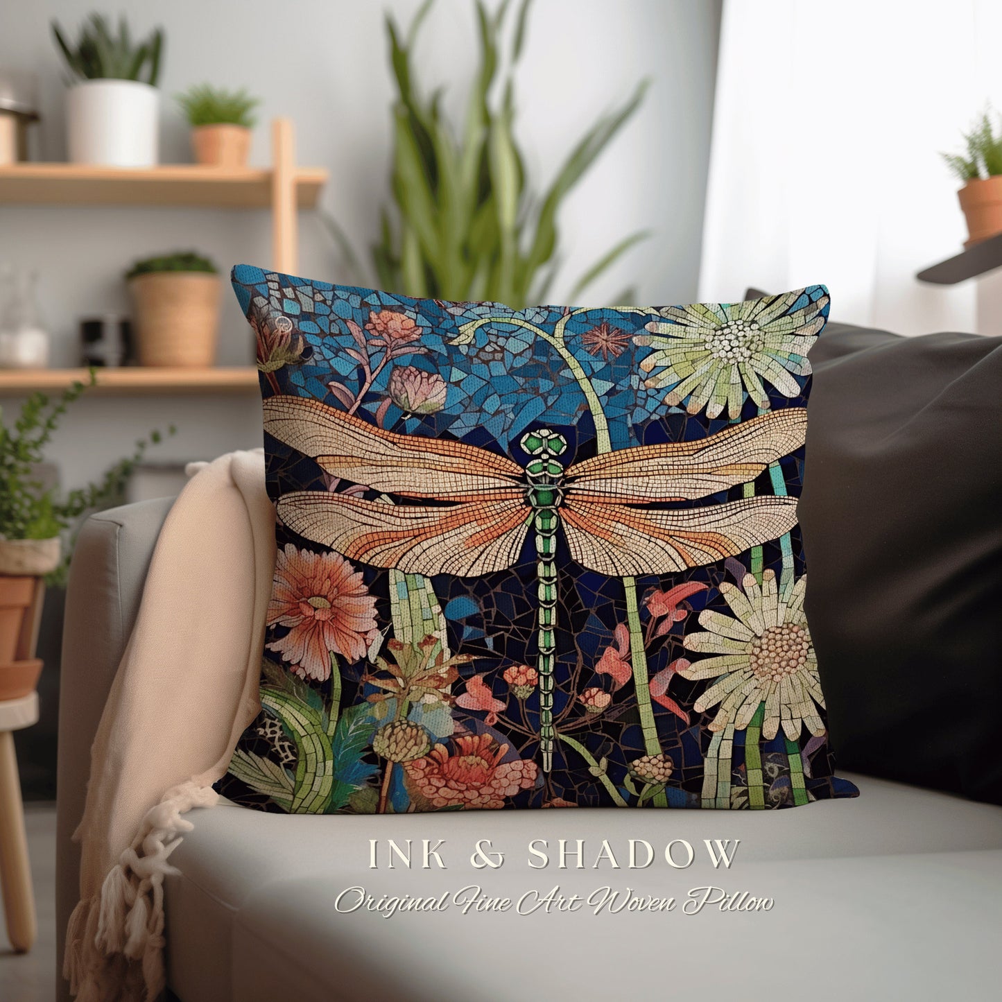 Whimsical Dragon Fly Accent Pillow | Dragonfly Cushion Woodland Forest Gift for Her Stained Glass Aesthetic Botanical Gothic Room Decor