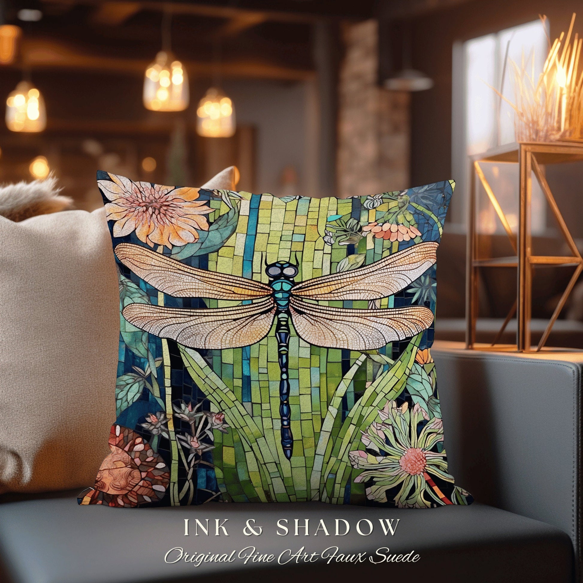 Bright Floral Dragonfly Pillow | Dragon Fly Cushion Woodland Forest Gift for Her Stained Glass Aesthetic Botanical Gothic Decor Whimsical |