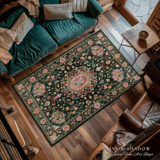 Light Pink Mosaic Floral Rug | Woodland Floral Aesthetic Common Room Home Decor Rustic Housewarming Gift Cottagecore Dark Floral Bedroom Mat