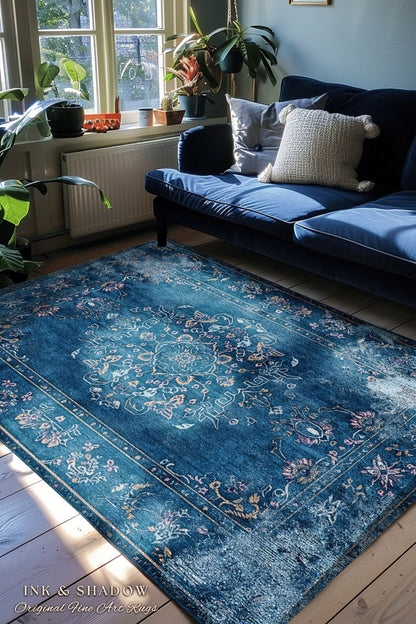 Navy Blue Elegant Aesthetic Rug | Modern Living Room Indigo Home Decor Elegant Aesthetic Dark Cottagecore Royal Blue Bedroom Boho Floor Mat