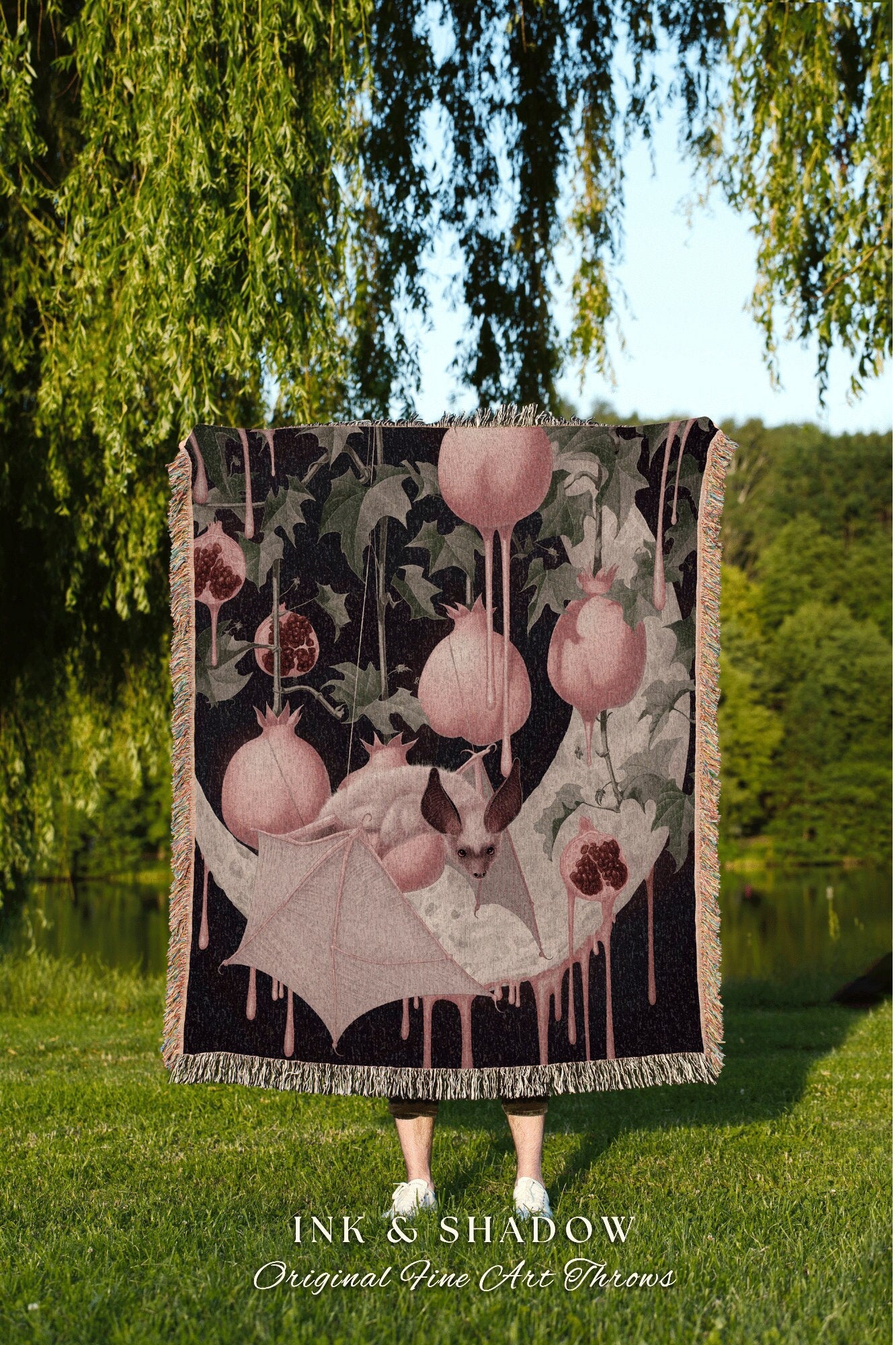 Pastel Pink Bat Blanket Woven Tapestry Cottagecore Decor | Pastel Goth Tapestry Pink Bedroom Decor Fruit Bat Pink Pastel Wall Art Whimsical