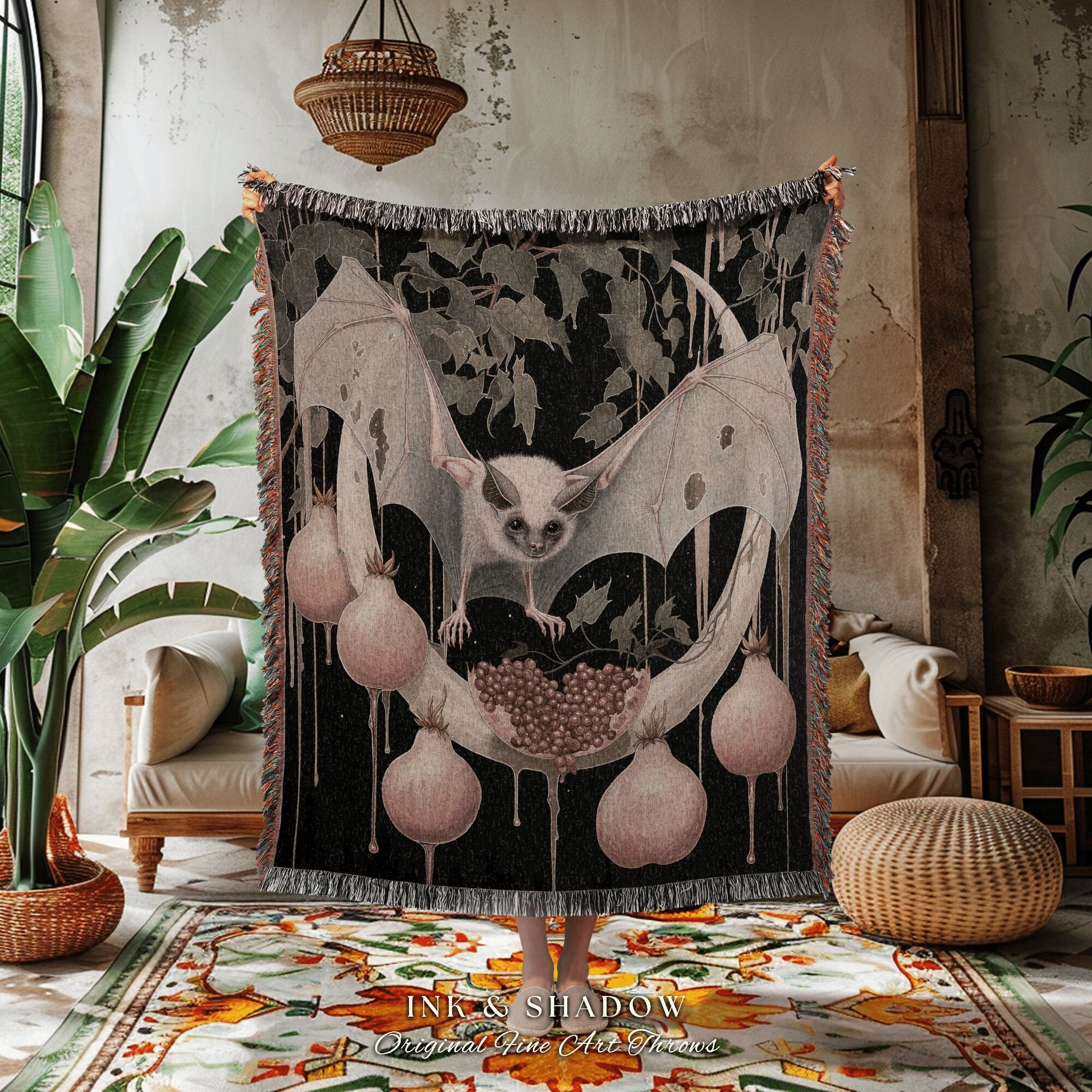 Witchy Aesthetic Lunar Bat Pomegranate Blanket | Celestial Blanket Woven Tapestry Victorian Wall Art Bedroom Decor Woodland Art Ethereal |