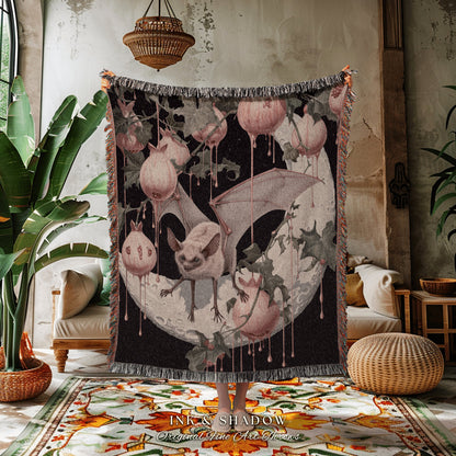 Moon Bat Pomegranate Blanket Woven | Celestial Tapestry Woven Throw Victorian Gothic Bedroom Decor Woodland Ethereal Botanical Witchy Goth