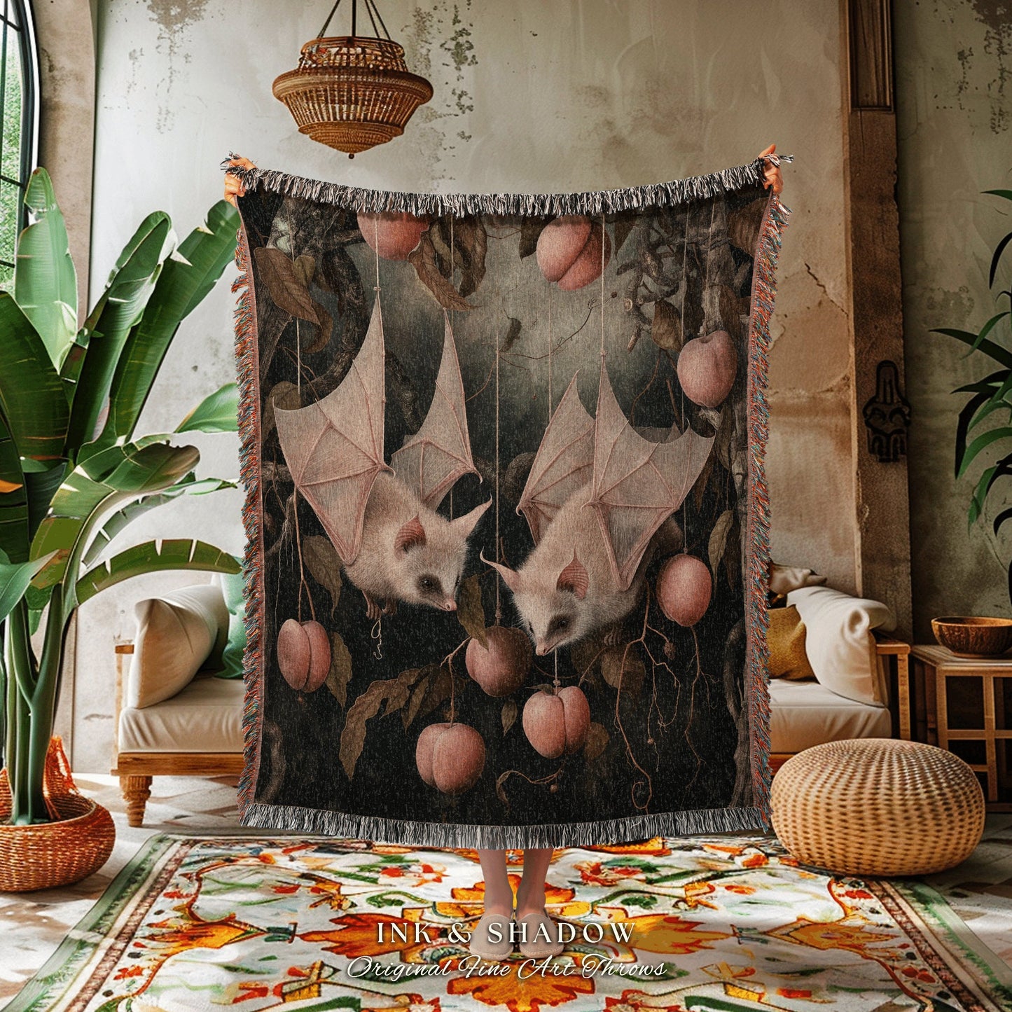 Whimsigoth Bat Blanket Cozy Throw | Celestial Tapestry Woven Blanket Victorian Gothic Bedroom Decor Woodland Ethereal Botanical Gothic Room