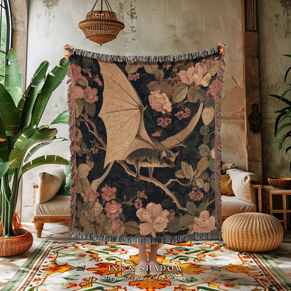 Bat Tapestry Blanket Woven | Pastel Gothic Wall Tapestry Pastel Botanical Bedroom Decor Fruit Bat Neutral Wall Art Whimsical Dark Academia |