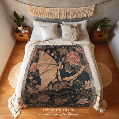 Ethereal Bat Throw Blanket Soft Cottagecore Floral Gothic Wall Tapestry Throw Botanical Bedroom Decor Bat Lovers Art Whimsical Dark Academia