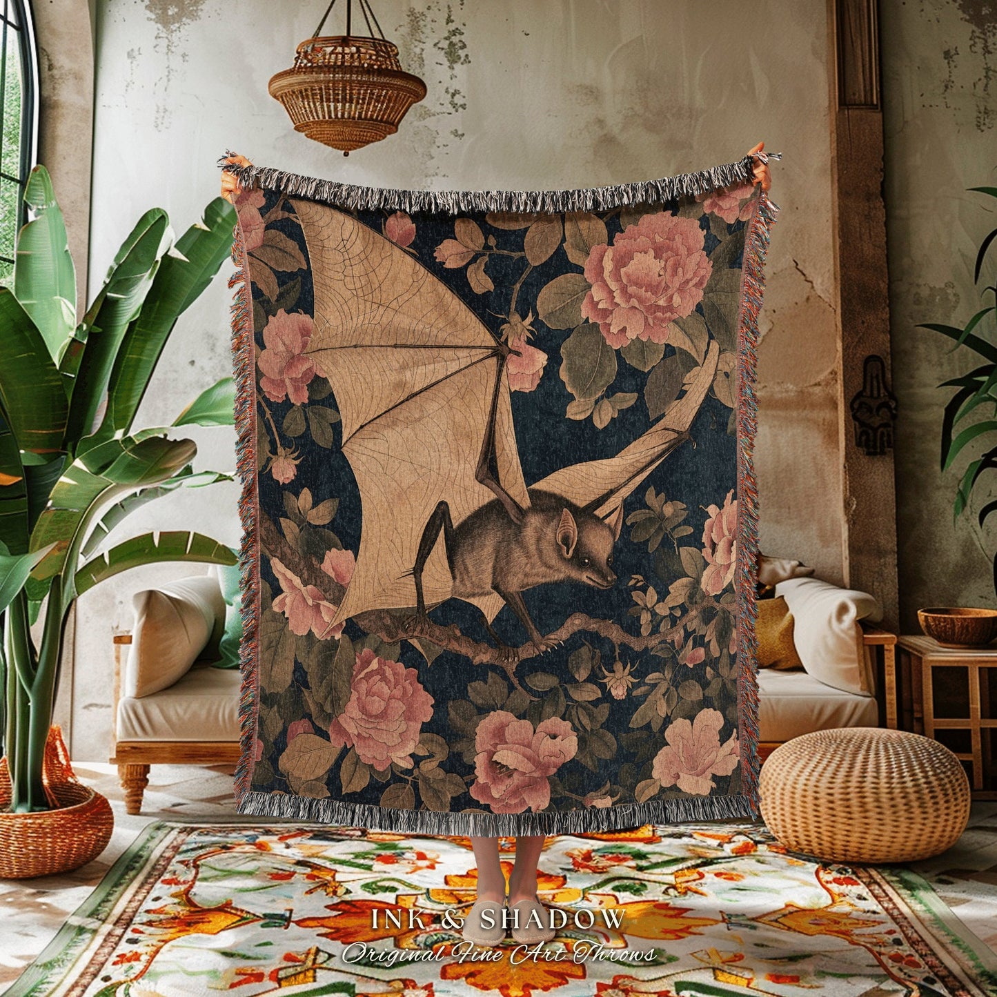 Ethereal Bat Throw Blanket Soft Cottagecore Floral Gothic Wall Tapestry Throw Botanical Bedroom Decor Bat Lovers Art Whimsical Dark Academia