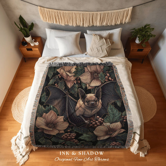 Floral Bat Dark Botanical Throw | Woven Blanket Woodland Wall Art Gothic Bedroom Decor Astrology Bat Wall Hanging Tapestry Whimsigoth Witchy
