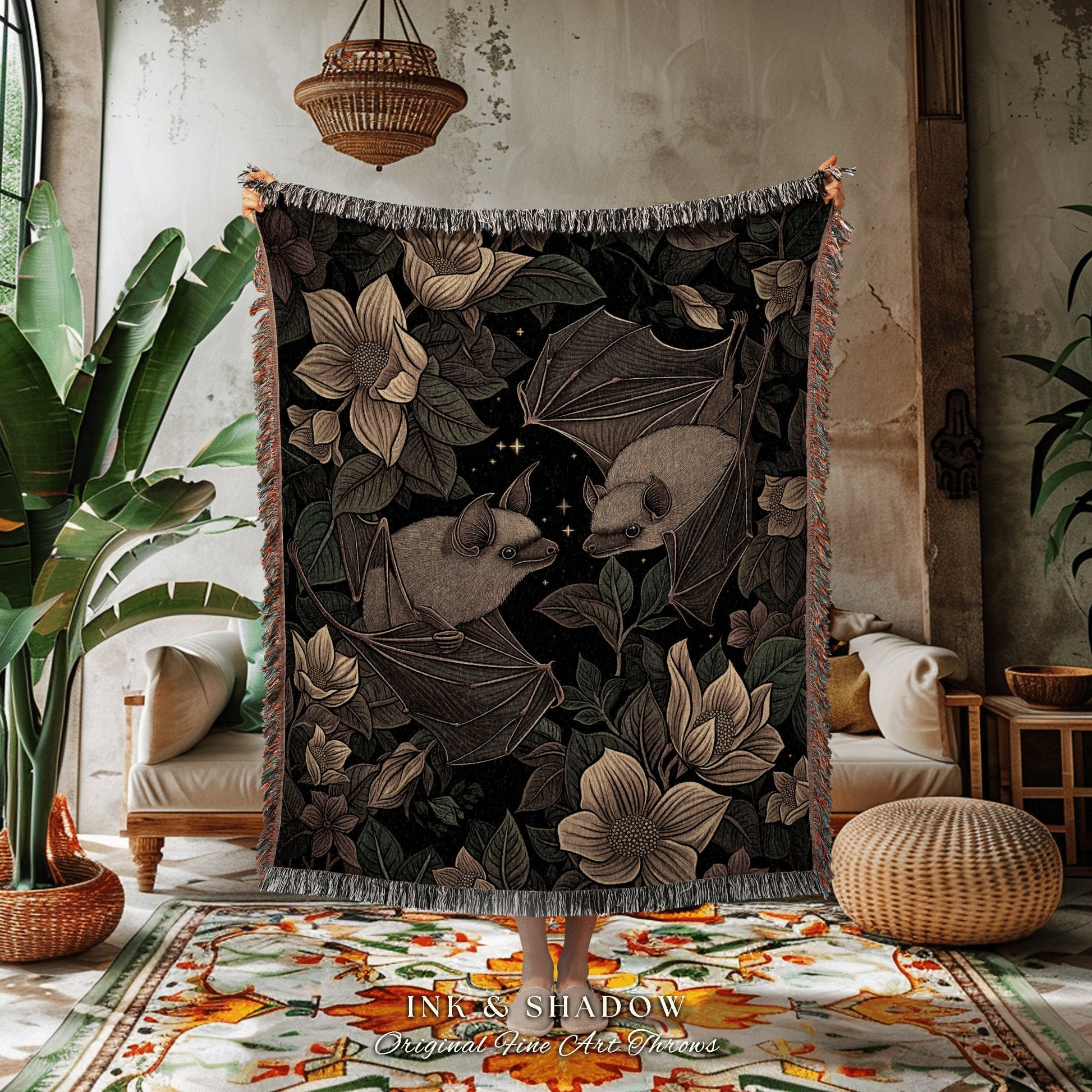 Celestial Bat Tapestry Woven | Woodland Gothic Tarot Blanket Crowcore Bedroom Decor Housewarming Gift Bat Lover Art Whimsigoth Victorian |