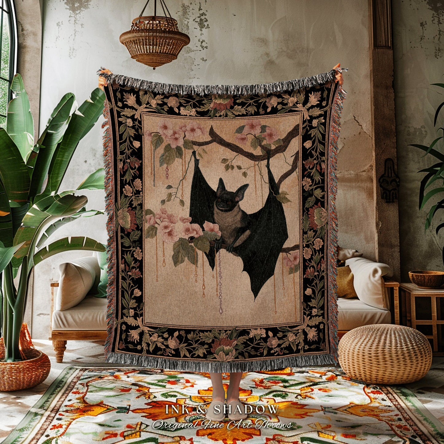 Mystic Bat Throw Blanket Woven | Woodland Gothic Tapestry Crowcore Bedroom Decor Housewarming Gift Bat Lover Wall Art Whimsigoth Victorian