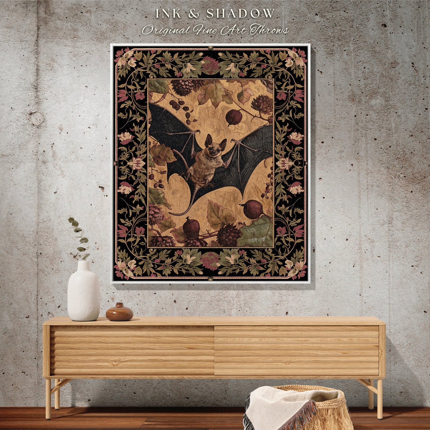 Rustic Aesthetic Bat Blanket Woven | Floral Cottagecore Tapestry Woodland Wall Art Bedroom Decor Woodland Bat Colorful Wall Art Victorian |