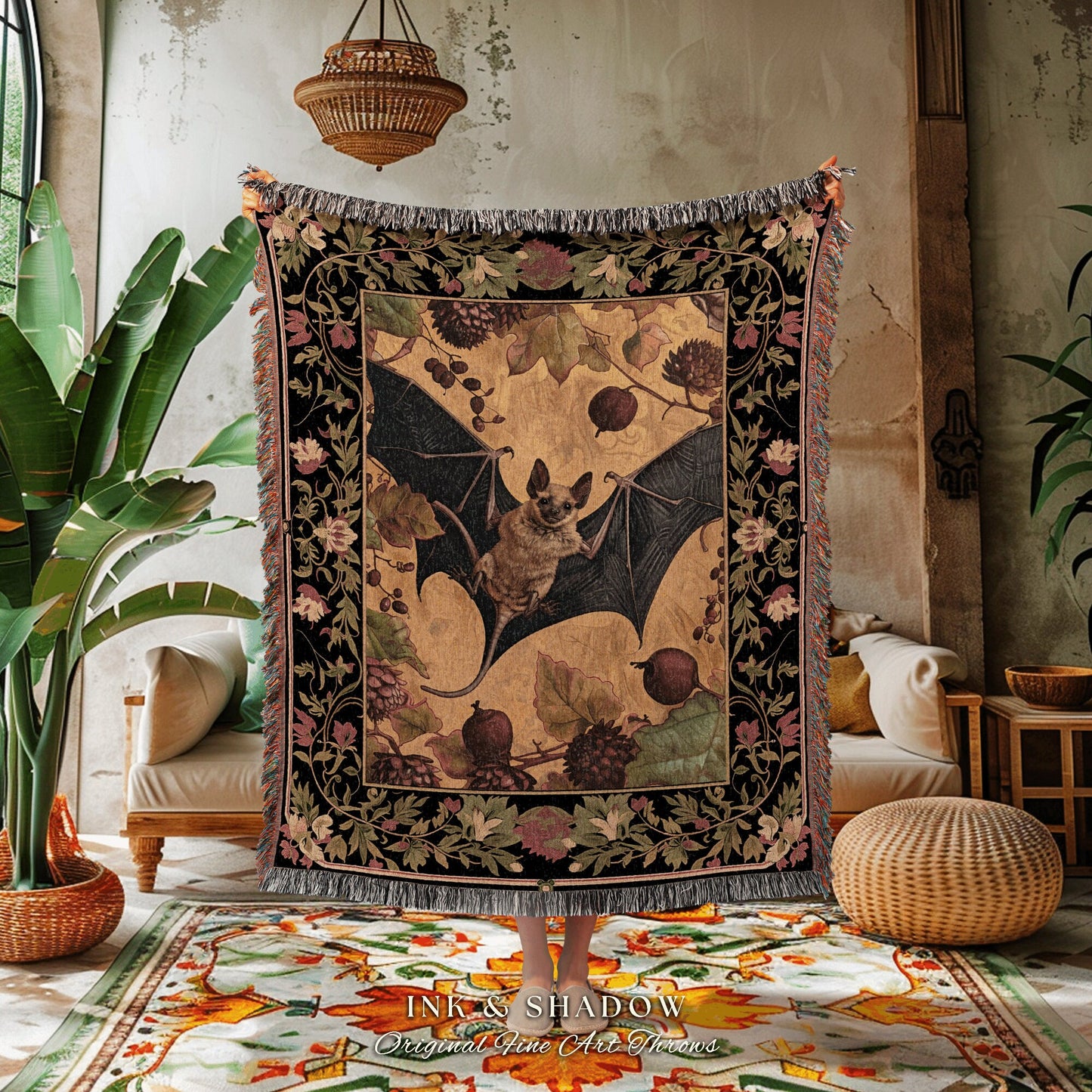 Rustic Aesthetic Bat Blanket Woven | Floral Cottagecore Tapestry Woodland Wall Art Bedroom Decor Woodland Bat Colorful Wall Art Victorian |