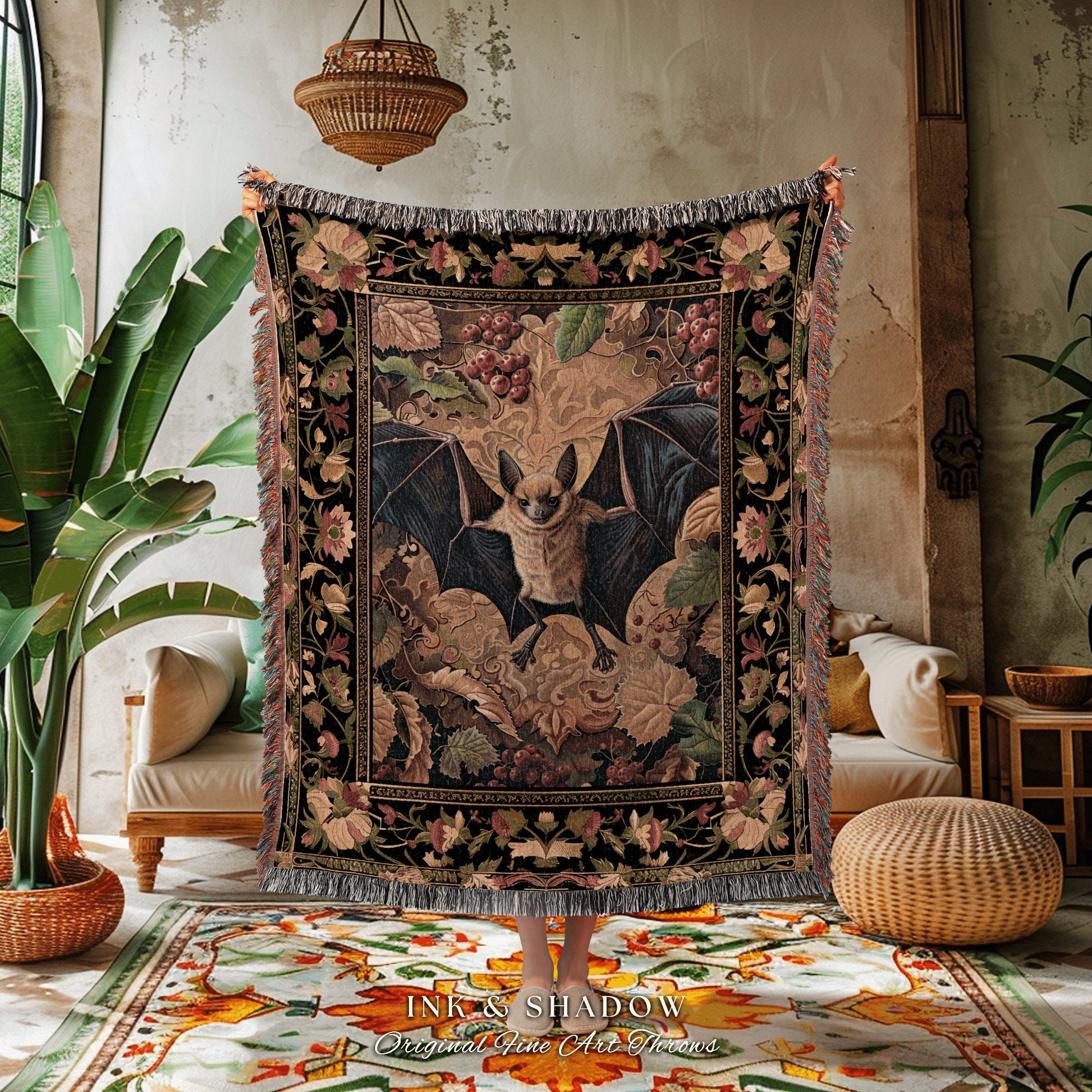 Ornate Floral Gothic Bat Women Throw Blanket Forestcore Fall Aesthetic Decor | Victorian Tapestry Wall Art Bedroom Decor Bat Whimsical Art