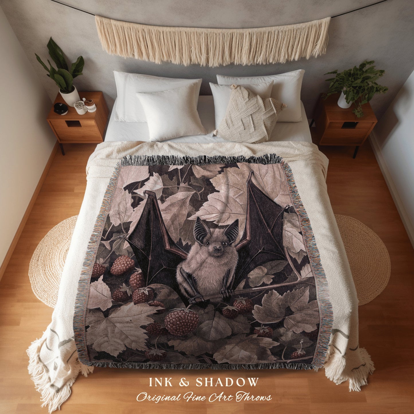 Witchy Bat Aesthetic Picnic Blanket | Indie Wall Tapestry Woven Blanket Victorian Bedroom Decor Woodland Ethereal Botanical Gothic Gift |