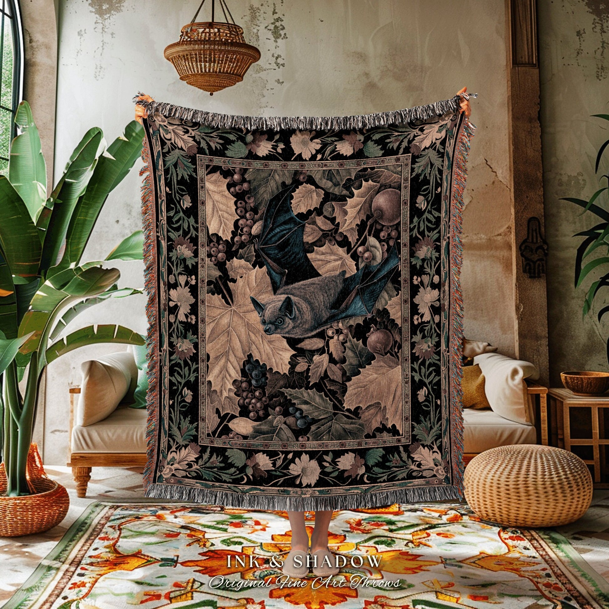 Medieval Aesthetic Woven Bat Tapestry Woodland Gothic Blanket Woven | Dark Botanical Decor Housewarming Gift Whimsigothic Bat Lover Art