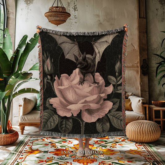 Fairy Grunge Cozy Throw Blanket | Cottagecore Blanket Woven Throw Victorian Wall Art Bedroom Decor Woodland Bat Art Ethereal Rose Tapestry
