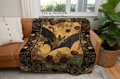 Rustic Aesthetic Bat Blanket Woven | Floral Cottagecore Tapestry Woodland Wall Art Bedroom Decor Woodland Bat Colorful Wall Art Victorian |