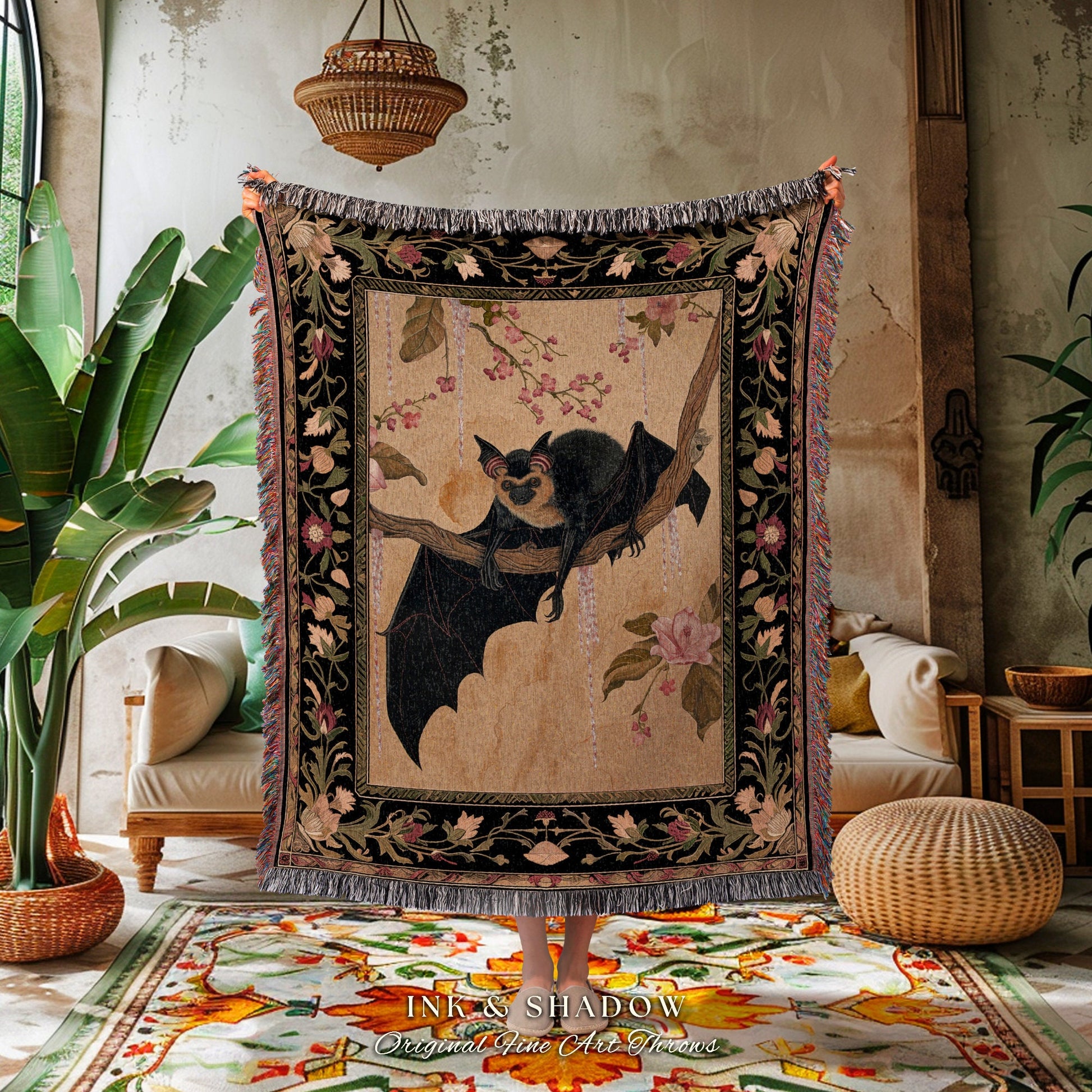 Elegant Throw Blanket Bat Lover Decor | Celestial Tapestry Woven Blanket Victorian Gothic Bedroom Decor Woodland Ethereal Botanical Gothic |