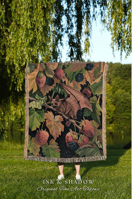 Berry Bat Woodland Tapestry Woven | Cottagecore Blanket Crowcore Bedroom Decor Housewarming Gift Bat Lover Colorful Wall Art Victorian Goth