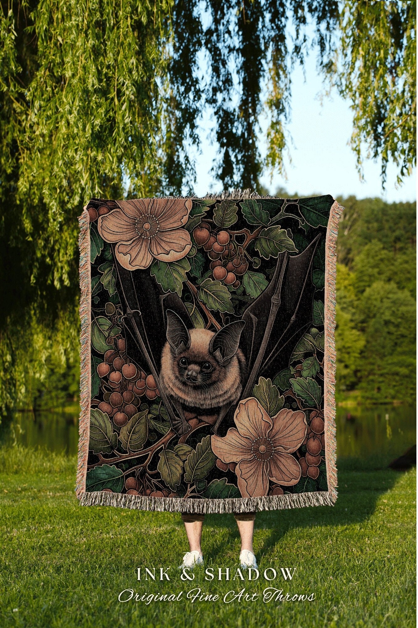 Dark Woodland Bat Picnic Blanket | Gothic Tapestry Pastel Wall Art Bedroom Decor Astrology Bat Wall Art Whimsical Dark Floral Bedding Goth |