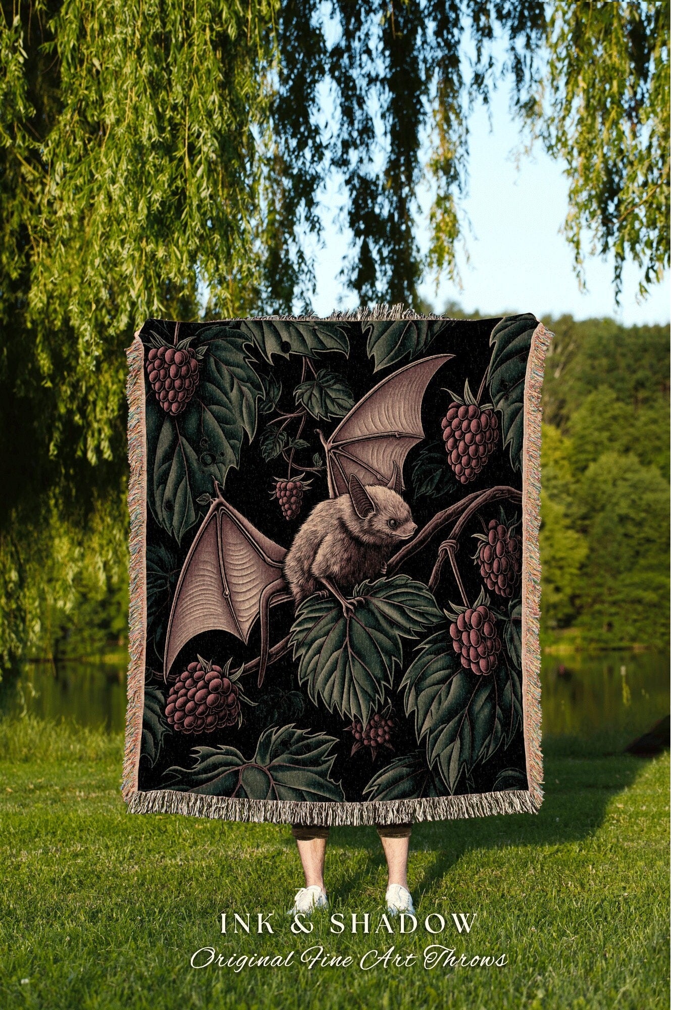 Dark Botanical Bat Blanket Cozy Decor | Whimsigoth Cottagecore Tapestry Woven Throw Victorian Gothic Bedroom Woodland Ethereal Botanical |