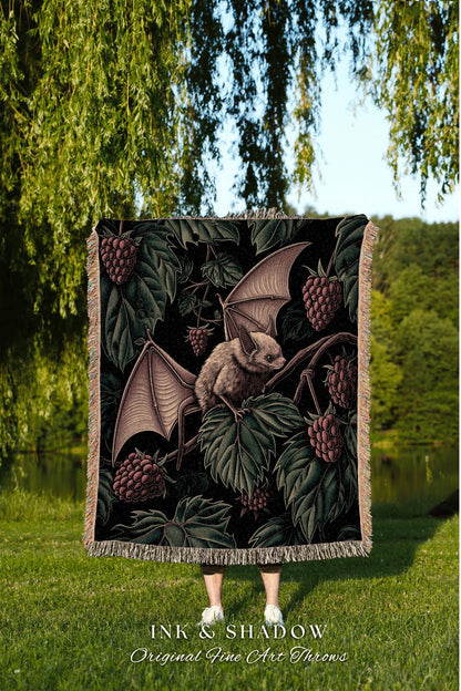 Dark Botanical Bat Blanket Cozy Decor | Whimsigoth Cottagecore Tapestry Woven Throw Victorian Gothic Bedroom Woodland Ethereal Botanical |