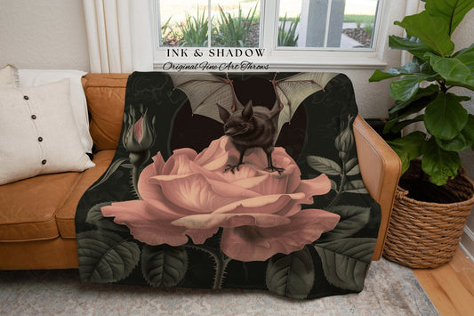 Fairy Grunge Cozy Throw Blanket | Cottagecore Blanket Woven Throw Victorian Wall Art Bedroom Decor Woodland Bat Art Ethereal Rose Tapestry