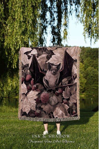 Witchy Bat Aesthetic Picnic Blanket | Indie Wall Tapestry Woven Blanket Victorian Bedroom Decor Woodland Ethereal Botanical Gothic Gift |