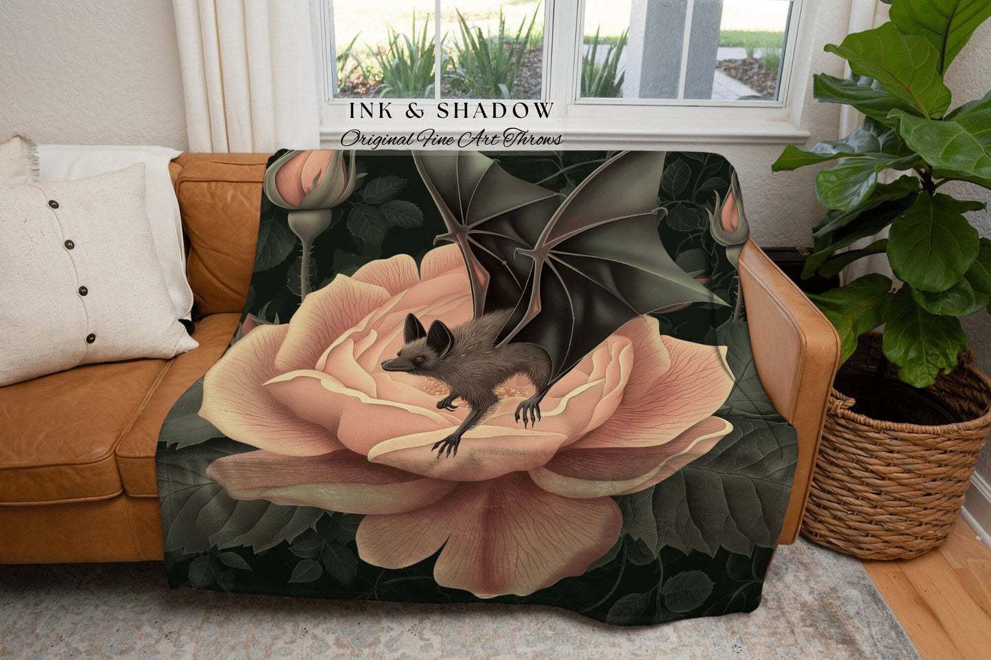 Magical Bat Whimsical Rose Blanket | Dusty Rose Tapestry Woven Throw Victorian Gothic Bedroom Decor Woodland Ethereal Botanical Witchy Goth