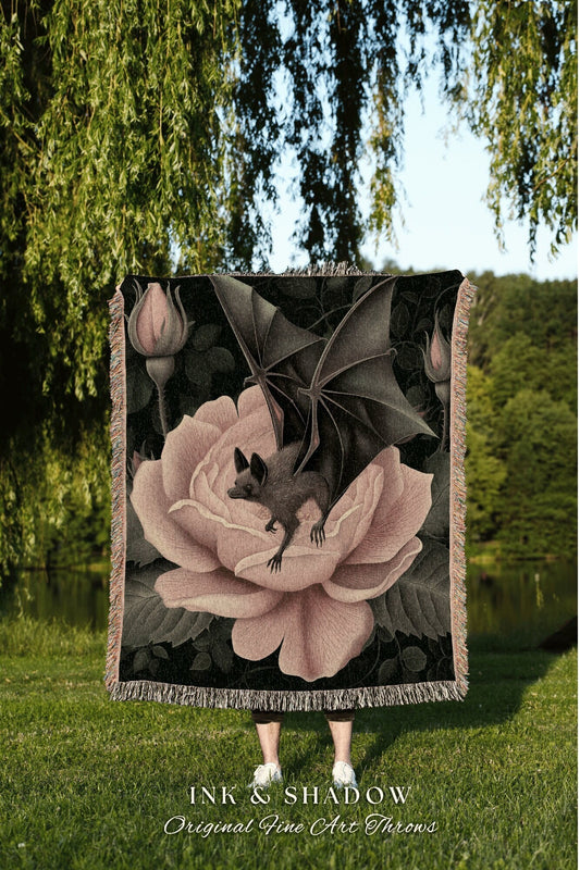 Magical Bat Whimsical Rose Blanket | Dusty Rose Tapestry Woven Throw Victorian Gothic Bedroom Decor Woodland Ethereal Botanical Witchy Goth